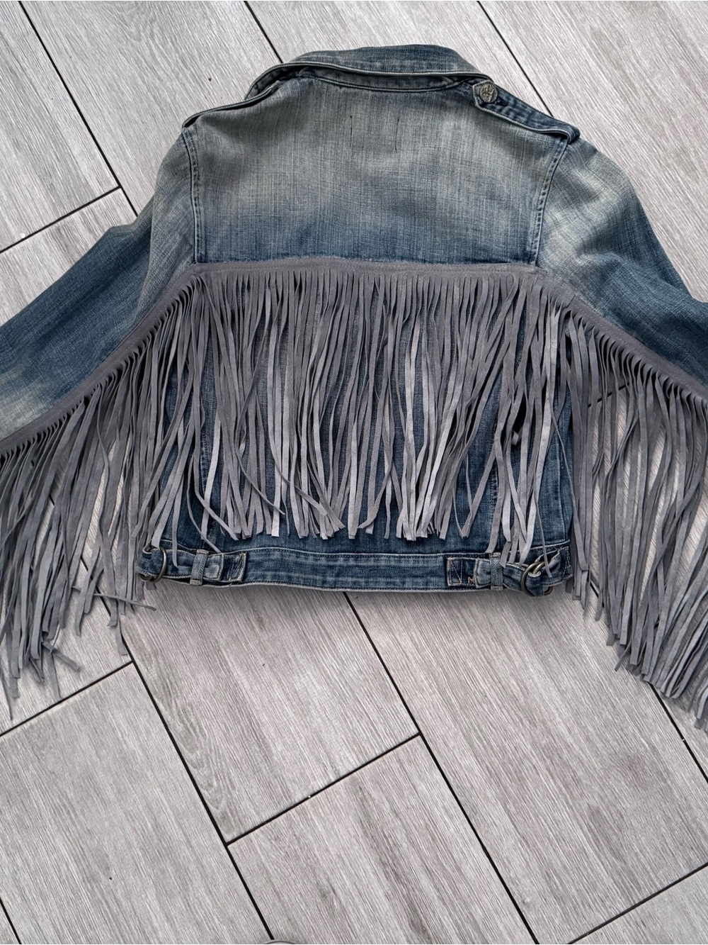 MC GUIRE Light Wash Denim Jacket with Gray Fringe - Picture 4 of 9